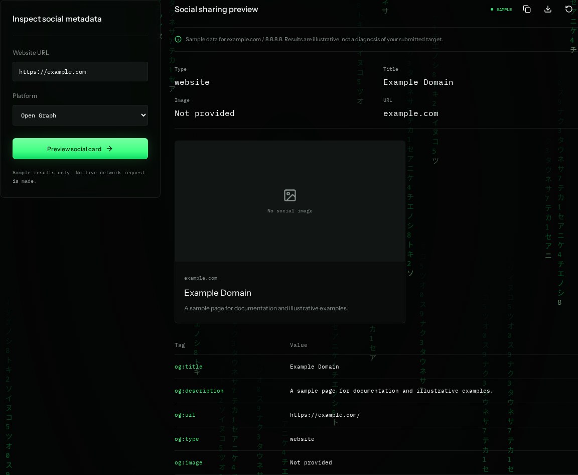 Open Graph preview input settings and example results in SiteTrace
