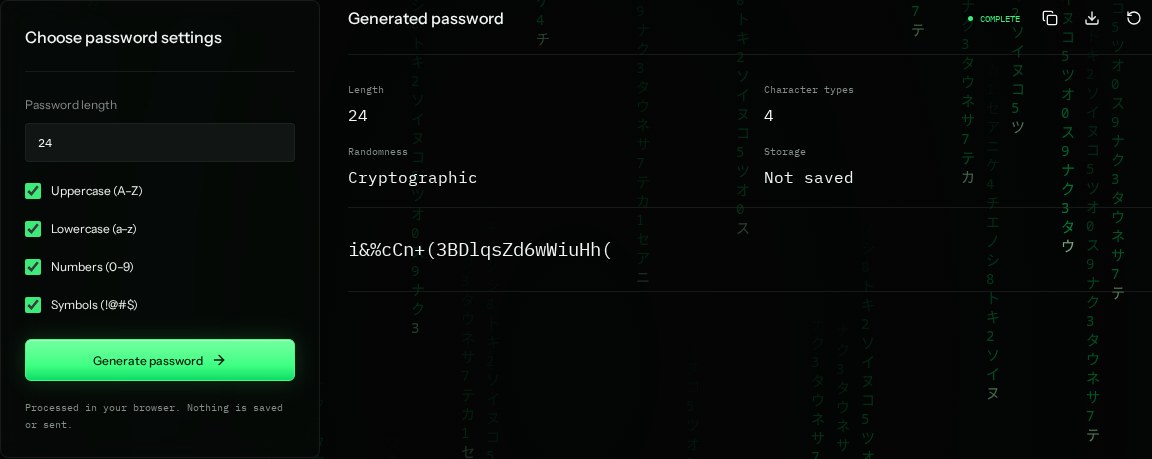 Password generator input settings and example results in SiteTrace
