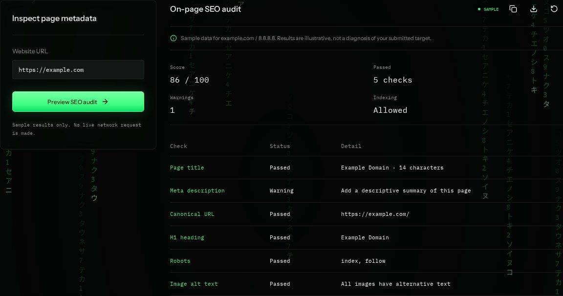 SEO checker input settings and example results in SiteTrace